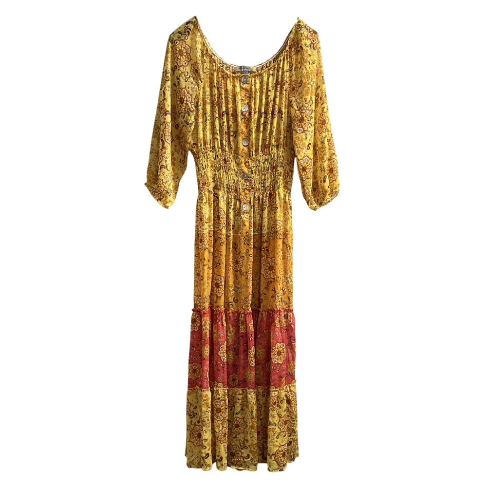 Bohemian Yellow Floral Maxi Dress with Red Accent
